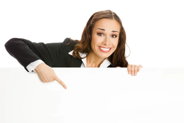 Zakenvrouw tonen leeg bord, geïsoleerd — Stockfoto