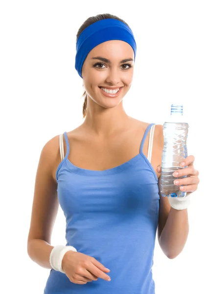 Woman in fitness wear with water, over white — Stock Photo, Image