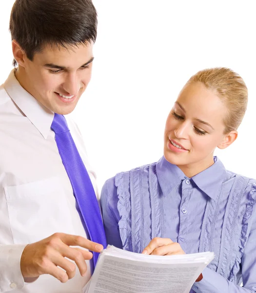 Two businesspeople with documents, isolated — Stock Photo, Image