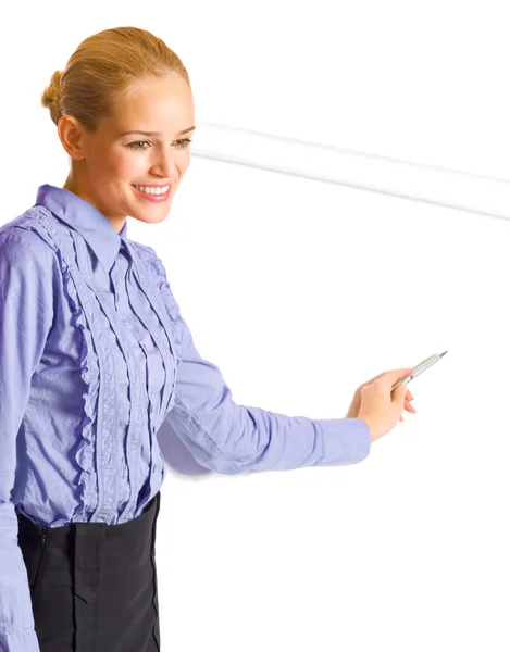 Businesswoman showing blank signboard, on white — Stock Photo, Image