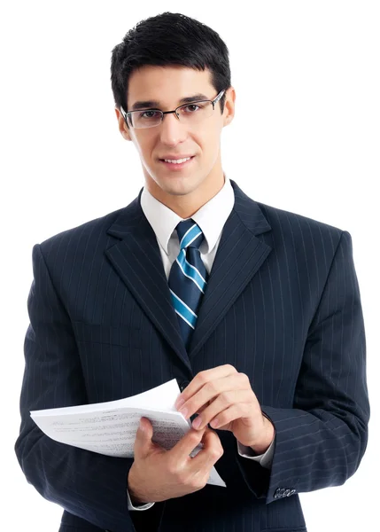 Businessman with documents, isolated Royalty Free Stock Images