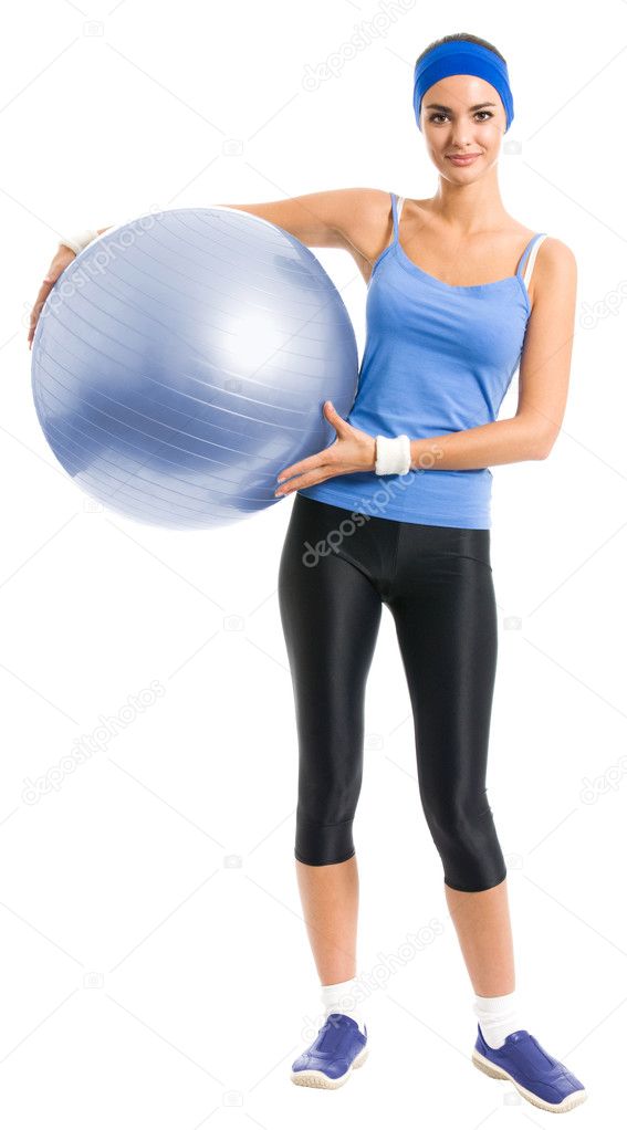 Cheerful smiling woman with fitball, over white