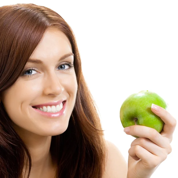 Mujer alegre comiendo manzana, sobre blanco — Foto de Stock