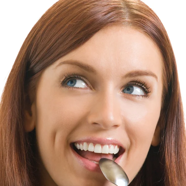 Mujer alegre con cuchara, sobre blanco —  Fotos de Stock