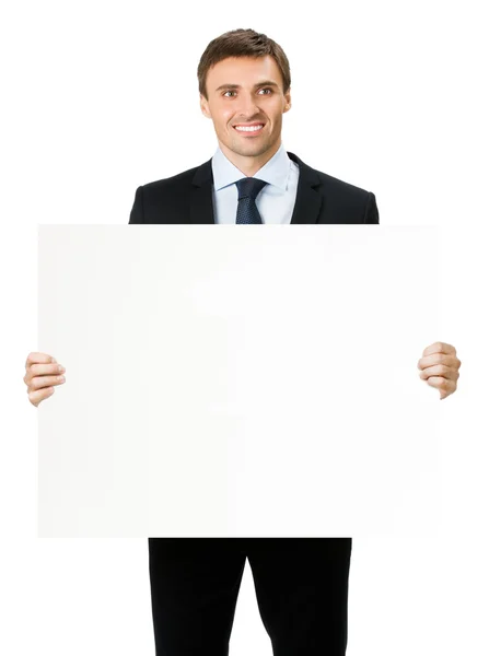 Podnikatel ukazující vývěsní štít, na bílém pozadí — Stock fotografie