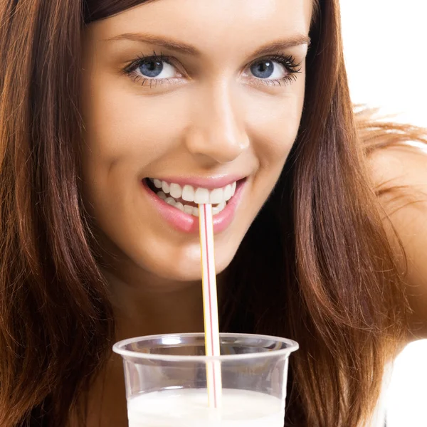 Beautiful woman drinking milk, over white Royalty Free Stock Images