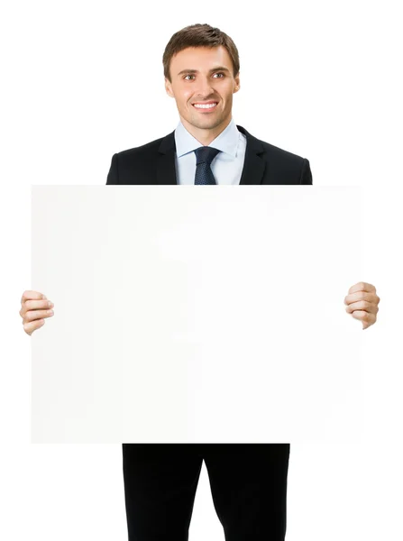 Businessman showing signboard, on white Royalty Free Stock Images