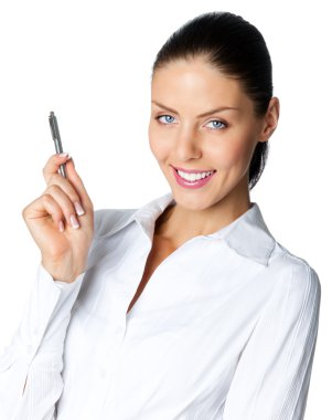 beyaz üzerine kalem ile neşeli iş kadını