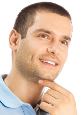 neşeli düşünme genç adam, beyaz