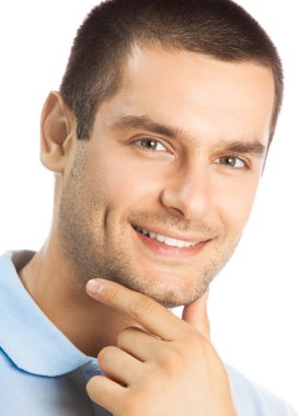 neşeli düşünme genç adam, beyaz