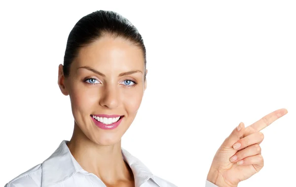 Cheerful businesswoman showing, over white — Stock Photo, Image