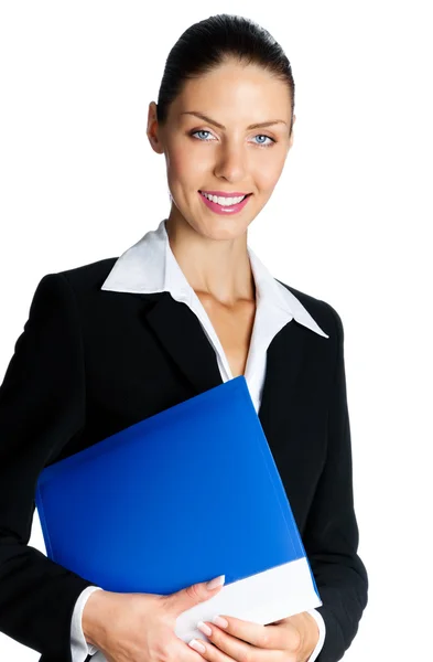 Mujer de negocios alegre con carpeta, sobre blanco — Foto de Stock