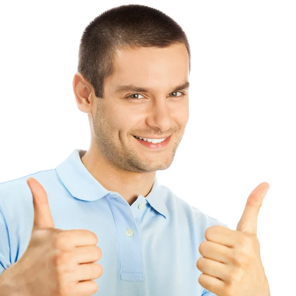 Cheerful man showing thumbs up, over white — Stock Photo, Image