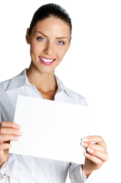 Cheerful business woman showing blank signboard, over white Royalty Free Stock Images
