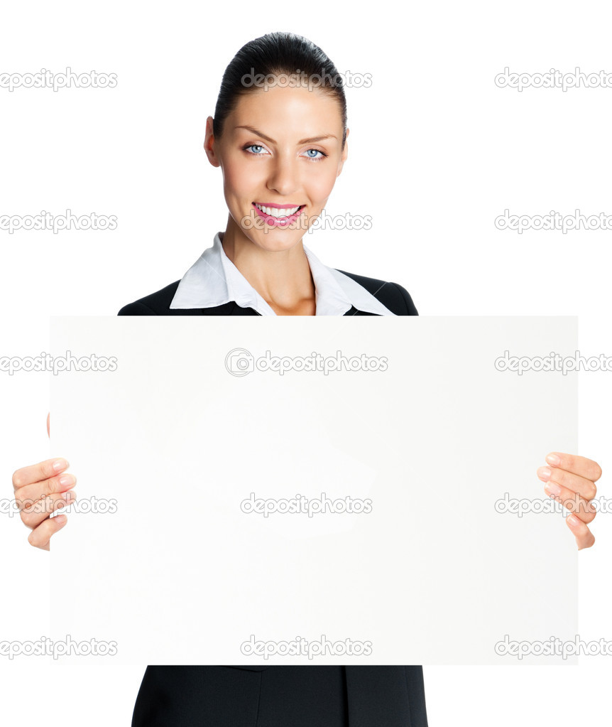 Cheerful business woman showing blank signboard, over white