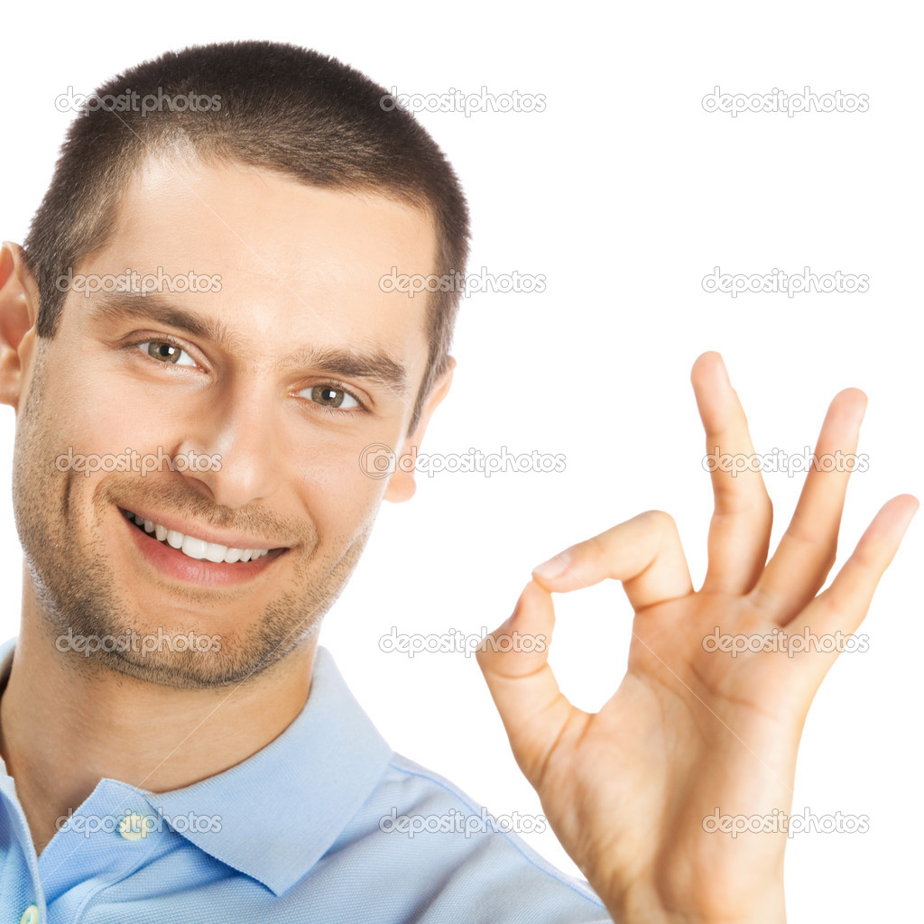 Homme Joyeux Montrant Signe Ok Sur Blanc Image Libre De Droit Par G Studio C