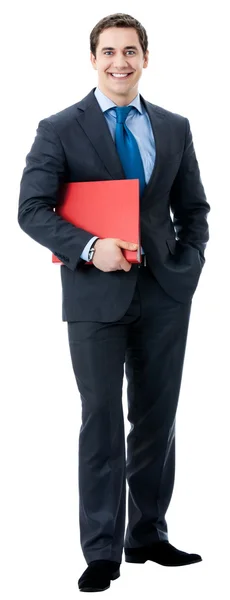 Empresario con carpeta roja, aislado — Foto de Stock