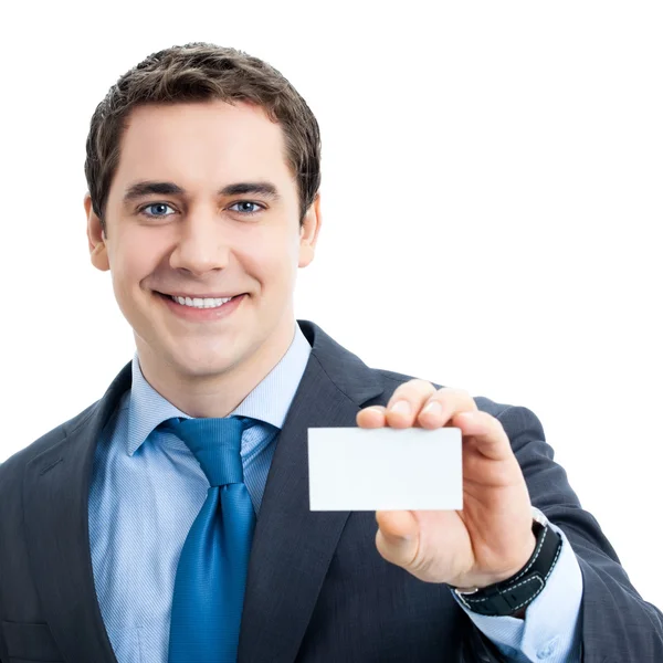 Zakenman met businesscard, geïsoleerd — Stockfoto