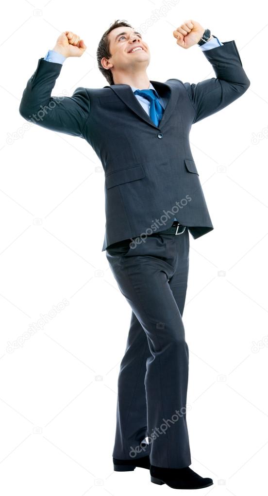 Happy gesturing businessman, isolated