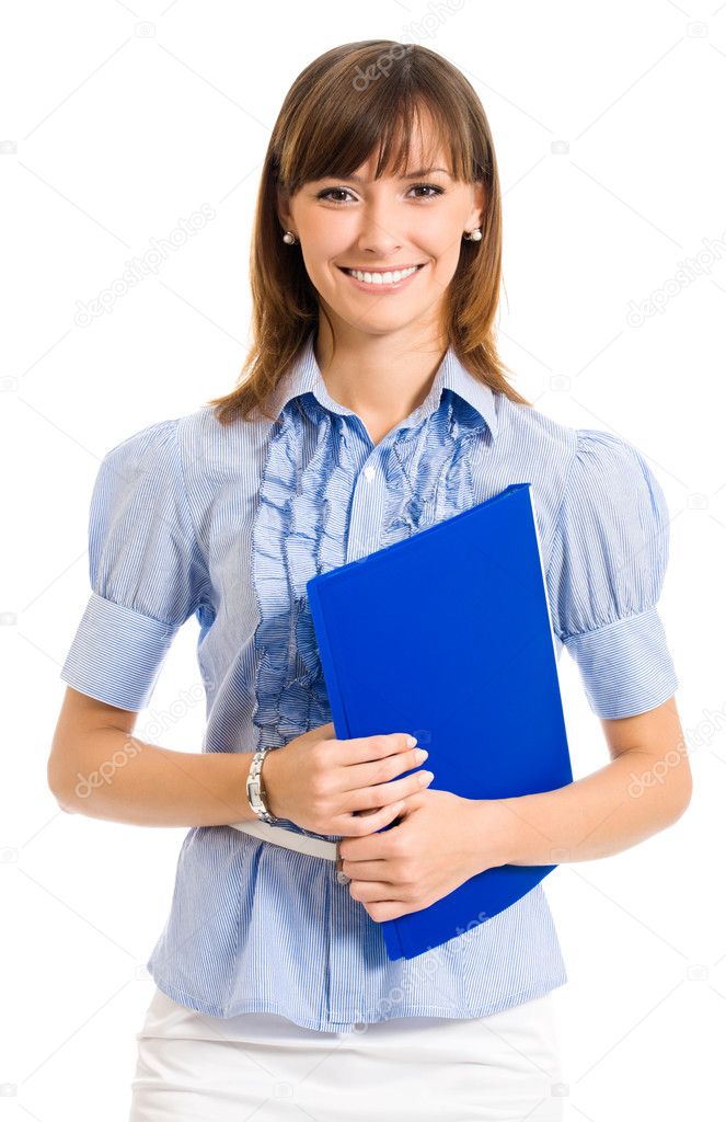 Cheerful businesswoman with folder, over white