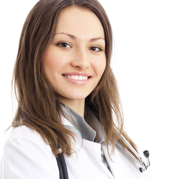 Felice sorridente medico femminile, sopra bianco — Foto Stock