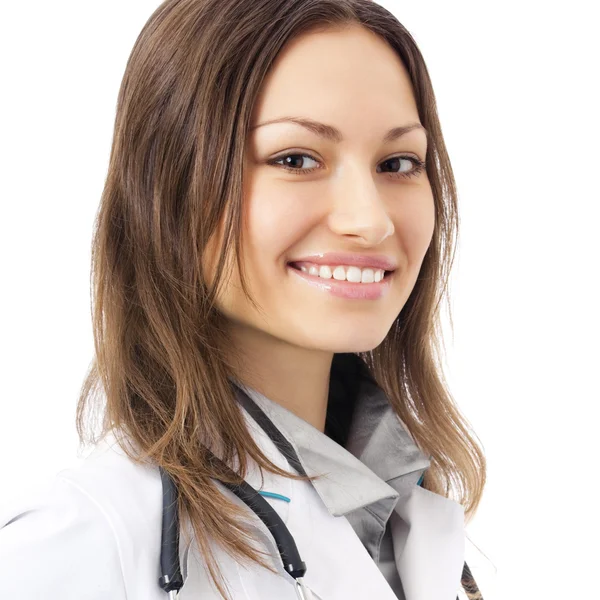 Happy smiling female doctor, over white — Stock Photo, Image