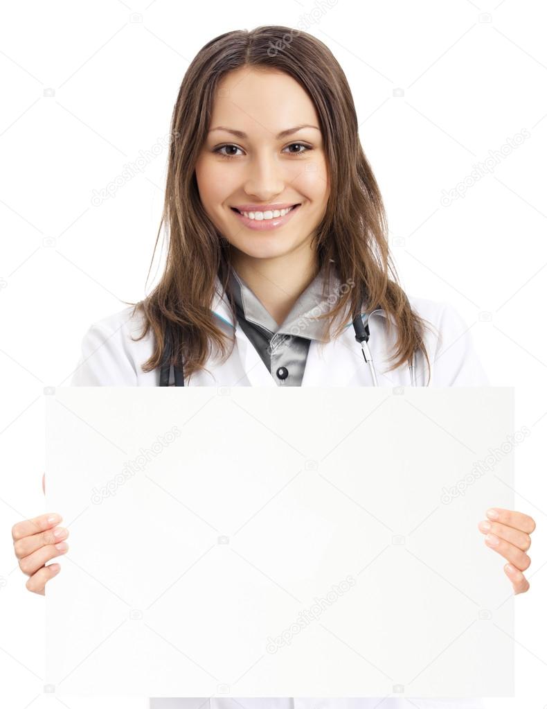 Happy doctor showing signboard, over white