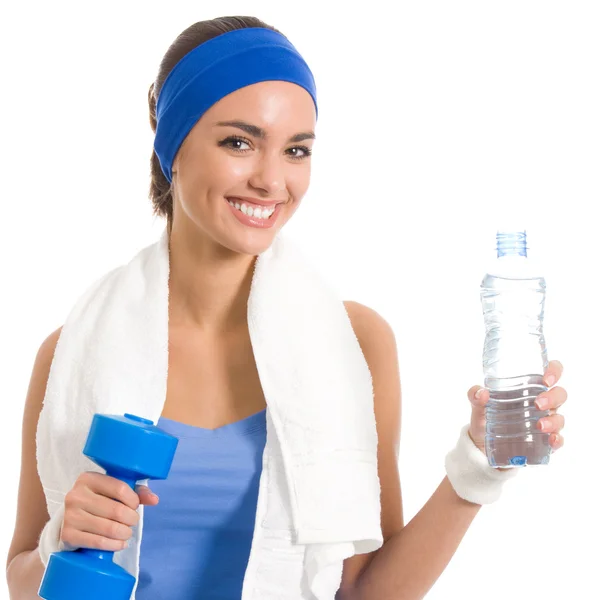 Woman with dumbbell and water, isolated — Stock Photo, Image