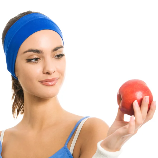 Jeune femme avec pomme, sur blanc — Photo