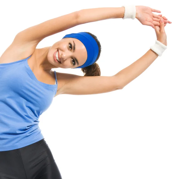 Jovem alegre exercitando mulher, sobre branco — Fotografia de Stock