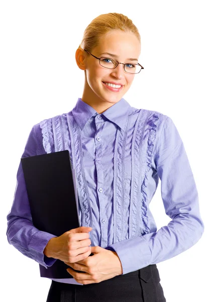 Businesswoman with black folder, isolated — Stock Photo, Image