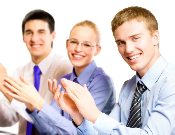Tre glada klappar företagare på presentationen, möte, se — Stockfoto