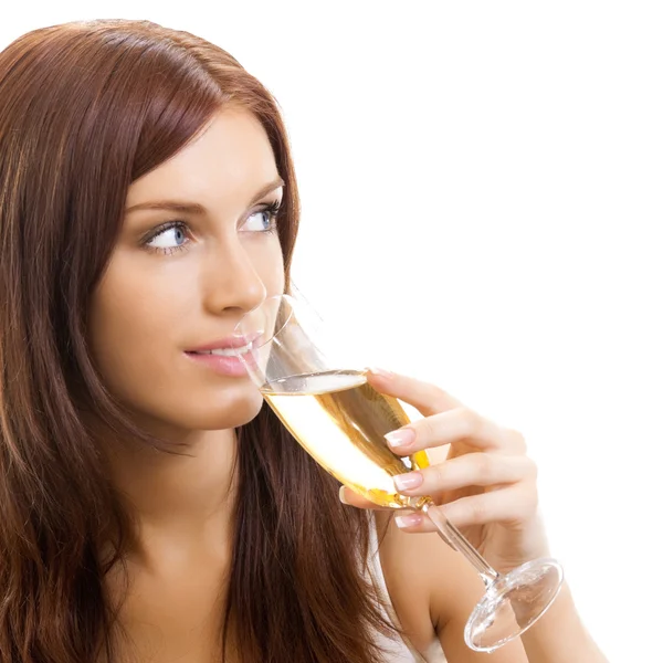 Schöne Frau mit Champagner, über weiß — Stockfoto