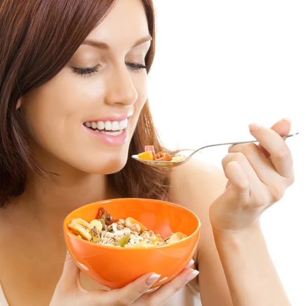 Vrolijke vrouw mousseline, eten over Wit — Stockfoto