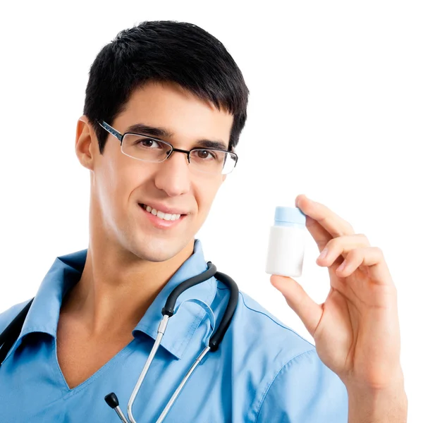 Happy doctor with medicament, isolated — Stock Photo, Image