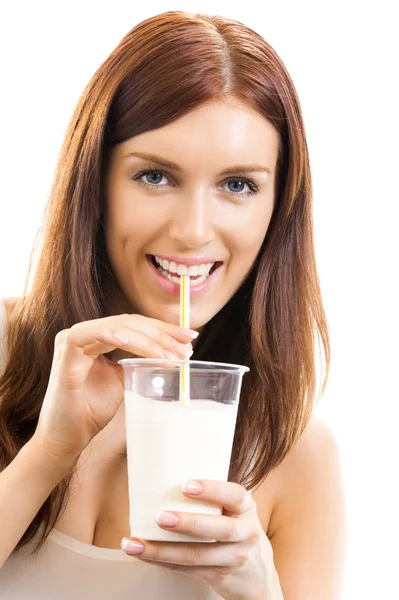 Beautiful woman drinking milk, over white Royalty Free Stock Images