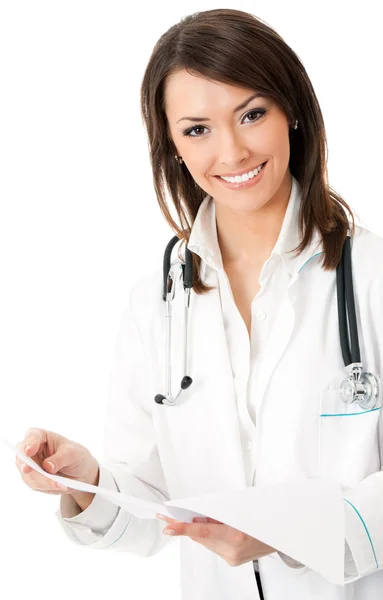 Female doctor with documents, on white Stock Image