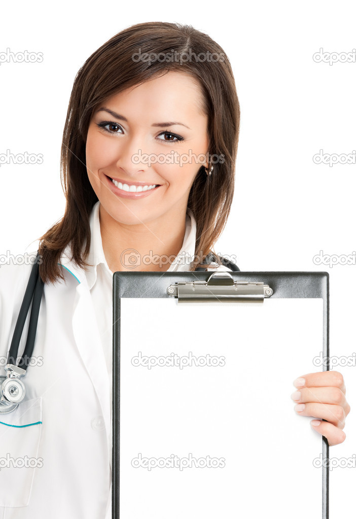 Doctor showing clipboard with copyspace, on white