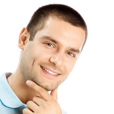 neşeli düşünme genç adam, beyaz