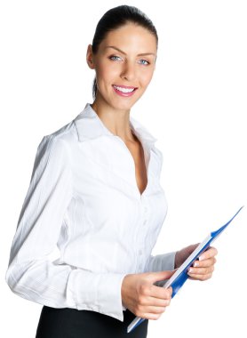 neşeli işkadını klasör üzerinde beyaz ile