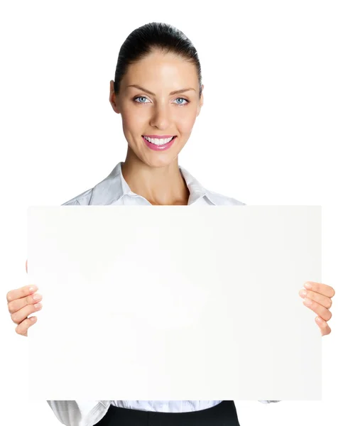 Mujer de negocios alegre mostrando letrero en blanco, sobre blanco —  Fotos de Stock