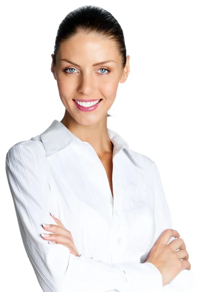 Mujer de negocios alegre, sobre blanco Imagen De Stock