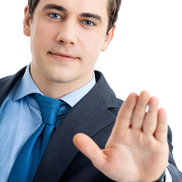 Serious business man showing stop gesture — Stock Photo, Image