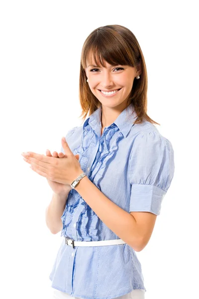 Retrato de joven feliz aplaudiendo mujer de negocios —  Fotos de Stock