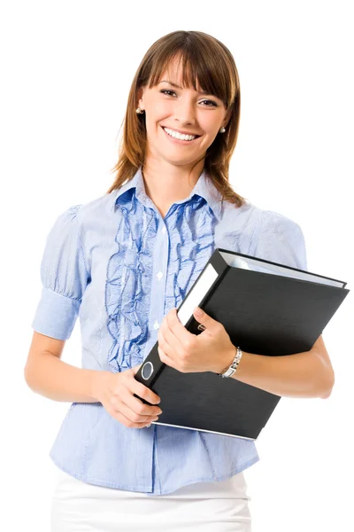 Счастливая улыбающаяся веселая молодая деловая женщина с документами, изолированные — стоковое фото