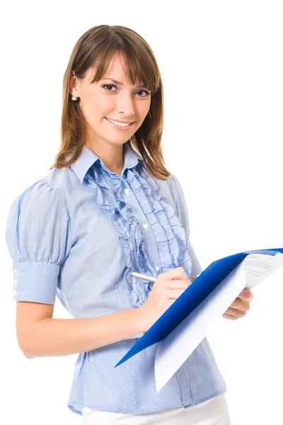 Feliz sonriente joven mujer de negocios alegre con documentos, aislado —  Fotos de Stock