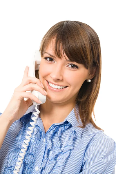 Feliz sorrindo bem sucedido mulher de negócios com telefone — Fotografia de Stock