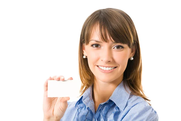 Happy smiling business woman with blank business card Royalty Free Stock Images