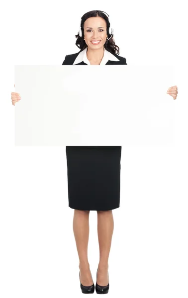 Empresária mostrando tabuleta em branco, isolada — Fotografia de Stock