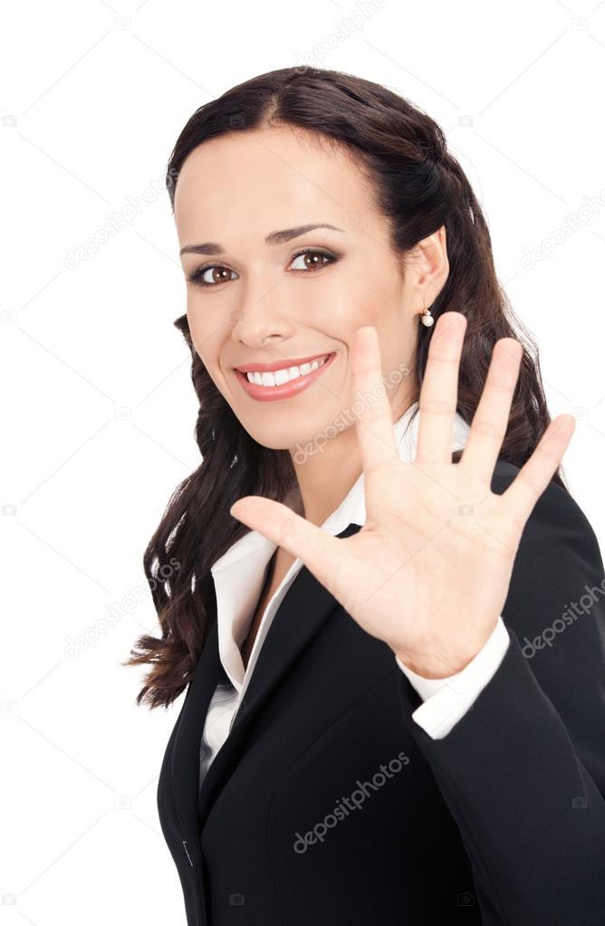 Businesswoman showing five fingers, on white